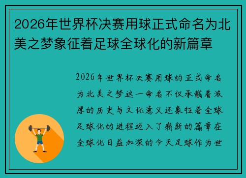 2026年世界杯决赛用球正式命名为北美之梦象征着足球全球化的新篇章
